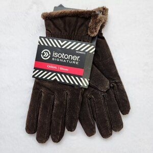 Women's Isotoner Brown Suede Leather Gloves with Plush Lining Size Large NWT